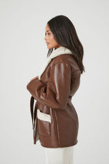 Faux Leather Notched Belted Coat