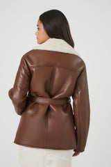 Faux Leather Notched Belted Coat