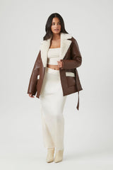 Faux Leather Notched Belted Coat