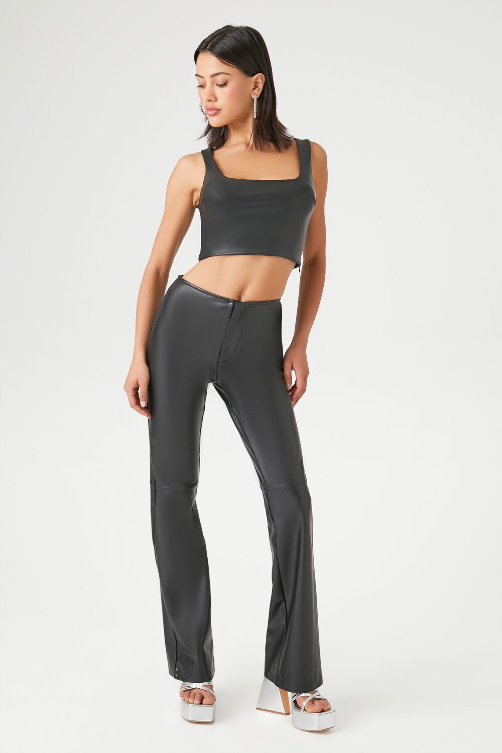 Faux Leather High-Rise Flare Pants