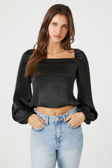Satin Peasant-Sleeve Crop Top