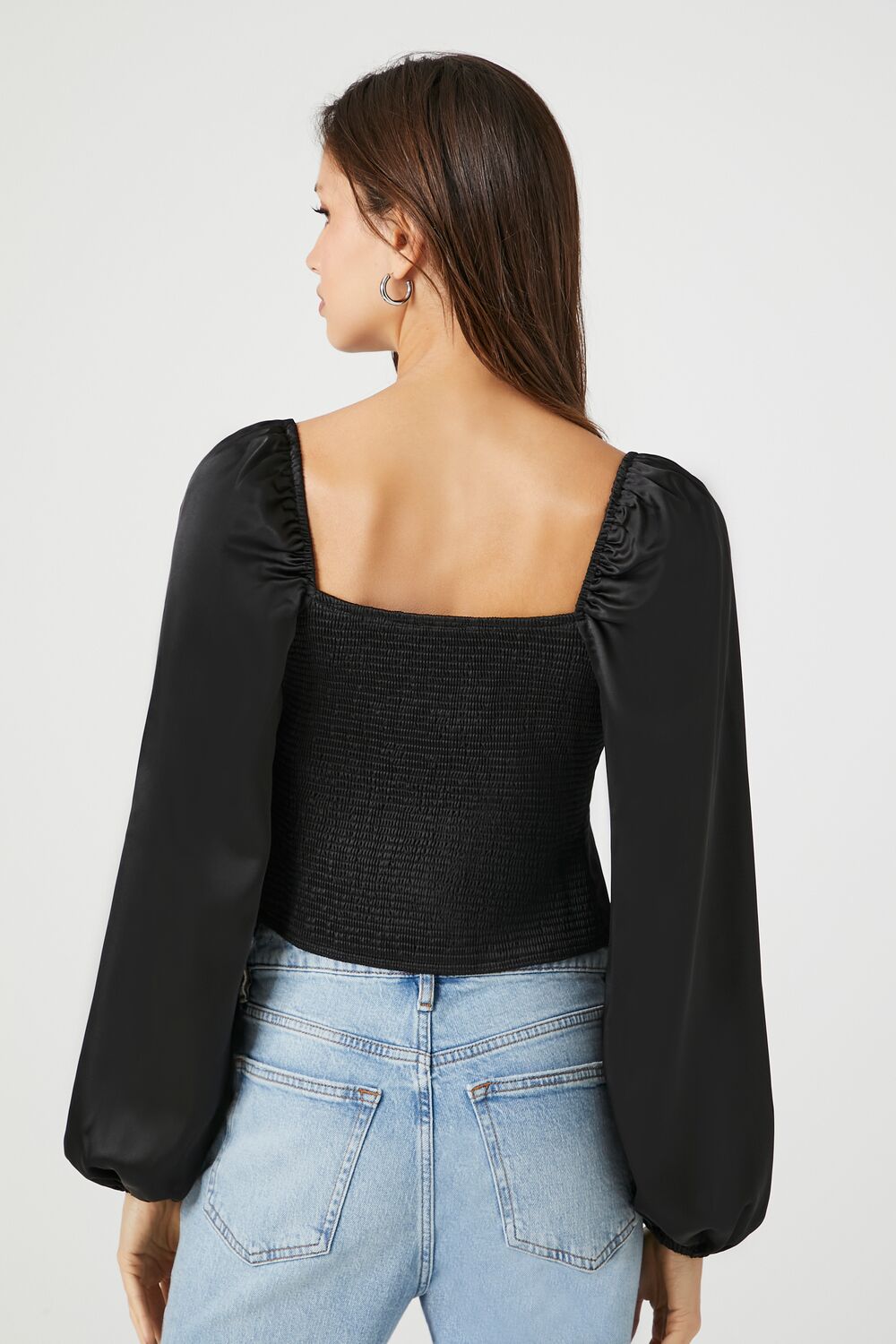 Satin Peasant-Sleeve Crop Top