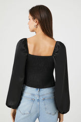 Satin Peasant-Sleeve Crop Top