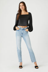 Satin Peasant-Sleeve Crop Top
