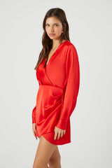 Satin Surplice Tulip-Hem Mini Dress
