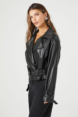 Faux Leather Belted Moto Jacket