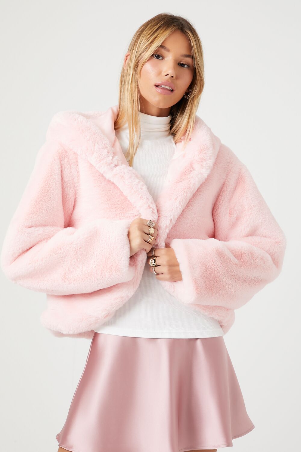 Faux Fur Open-Front Hoodie