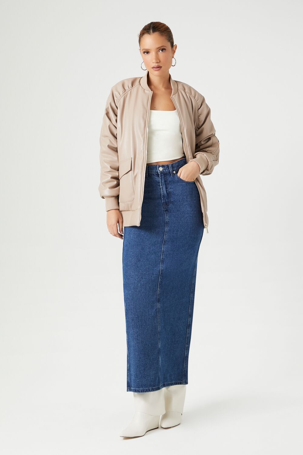 Faux Leather Ruched Bomber Jacket