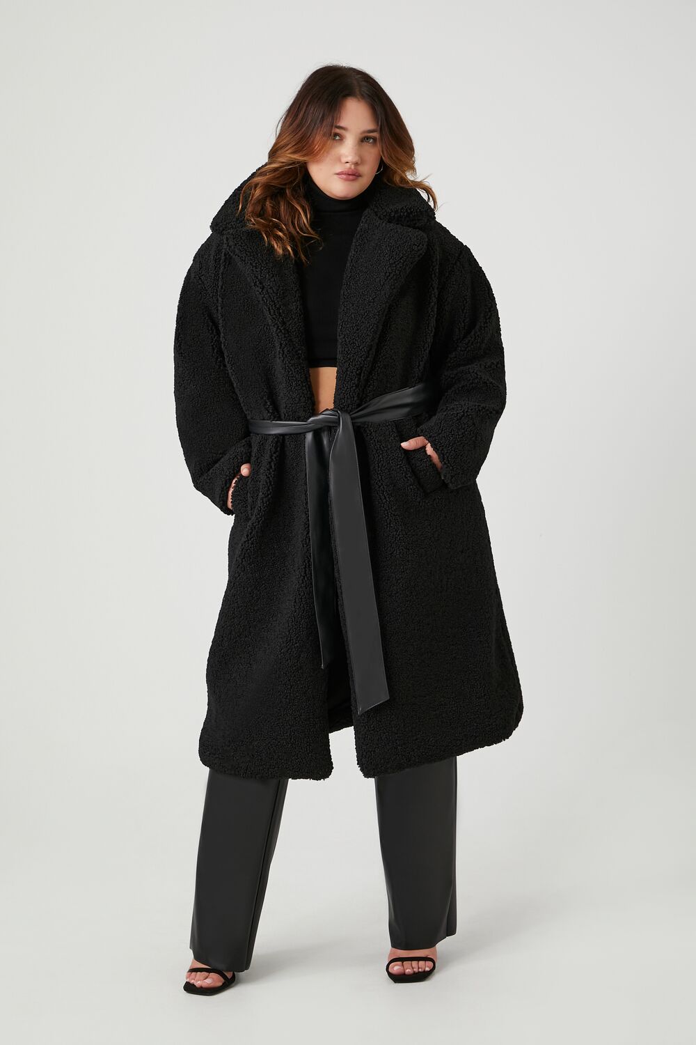 Plus Size Faux Shearling Belted Teddy Coat