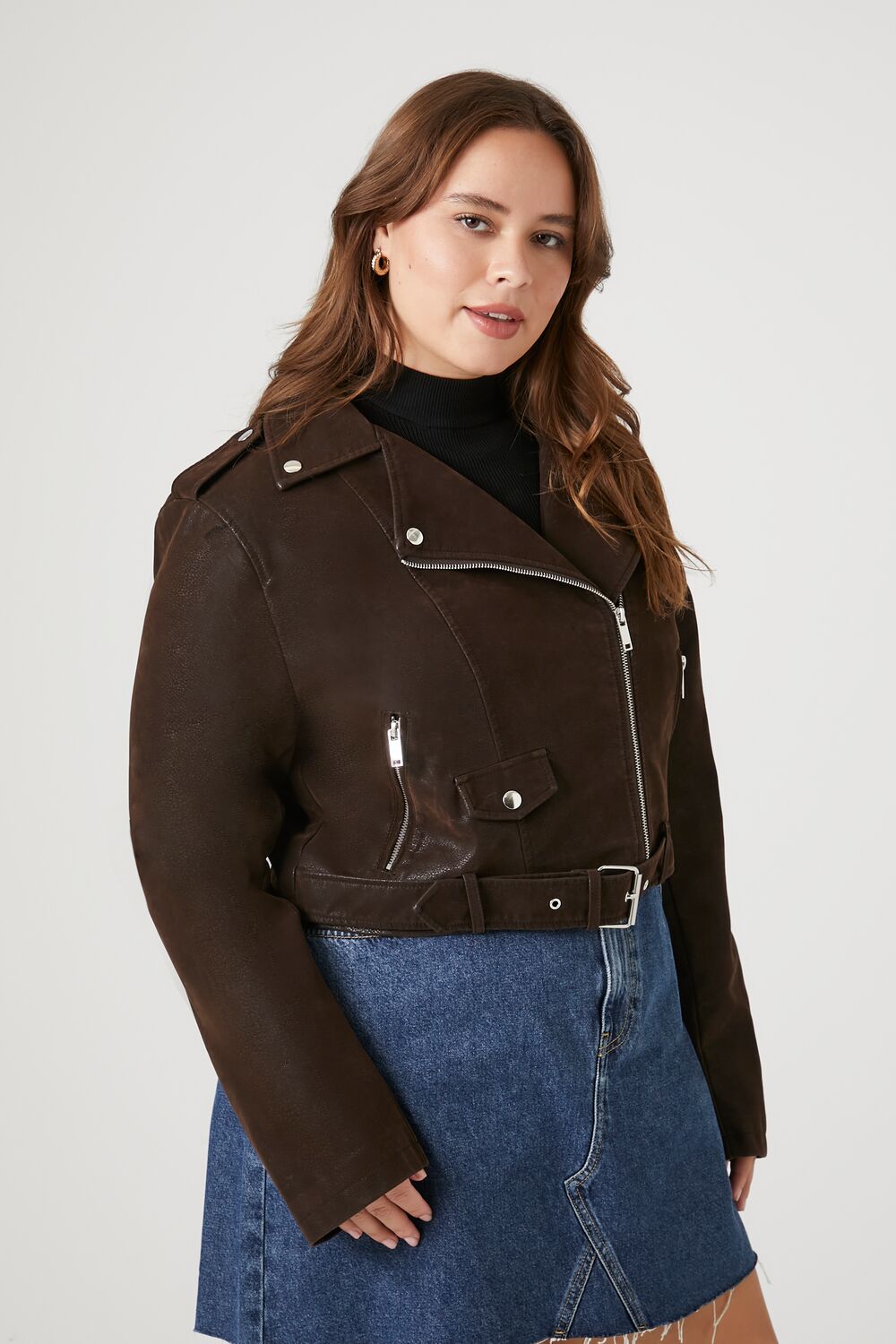 Plus Size Faux Leather Cropped Moto Jacket