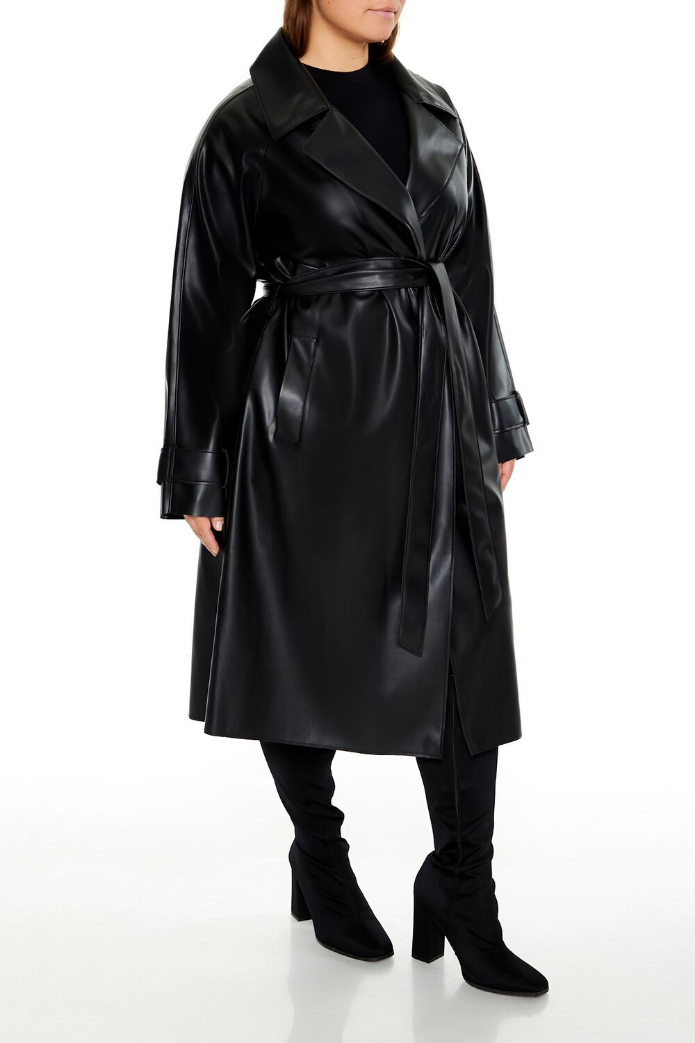Plus Size Faux Leather Trench Coat