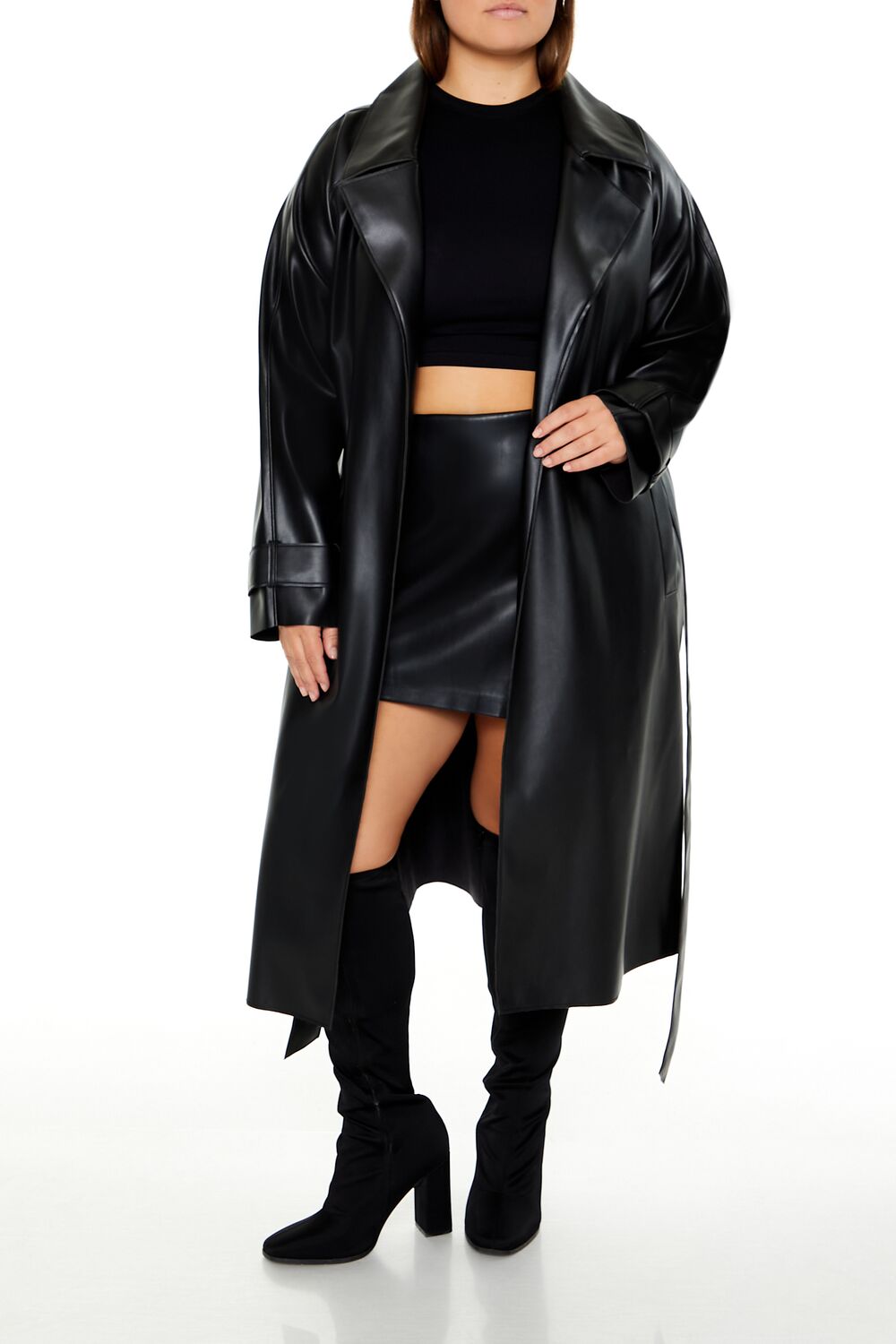 Plus Size Faux Leather Trench Coat