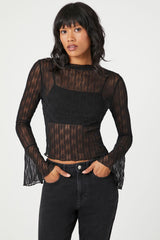 Sheer Lace Trumpet-Sleeve Top