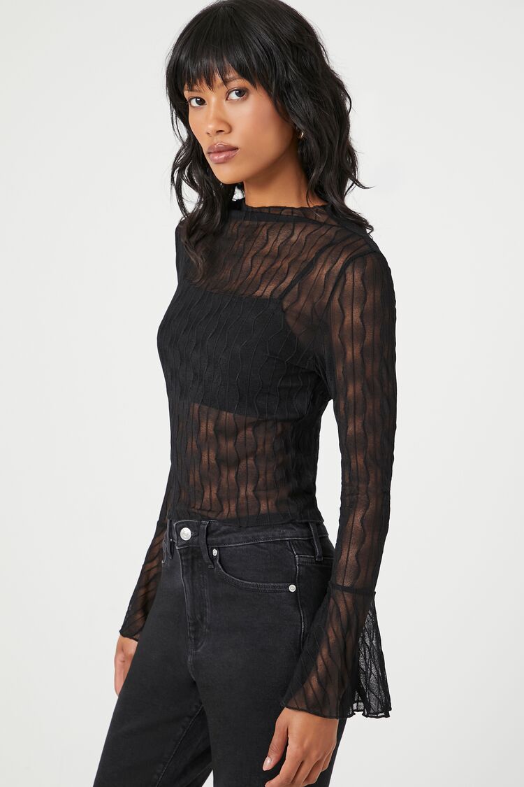 Sheer Lace Trumpet-Sleeve Top