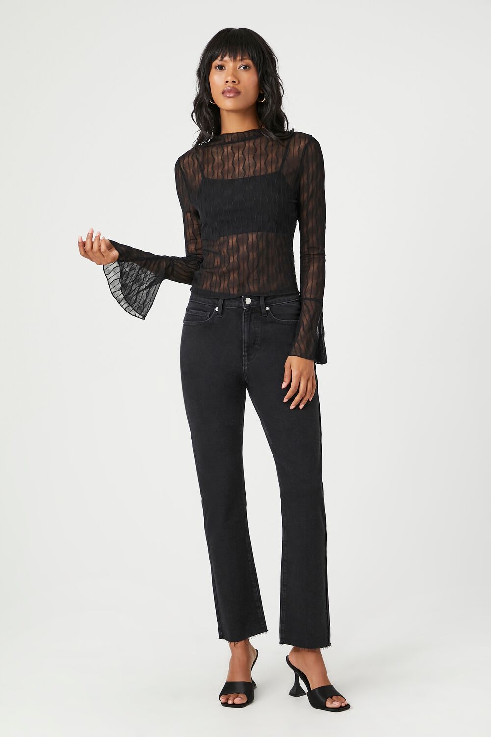 Sheer Lace Trumpet-Sleeve Top