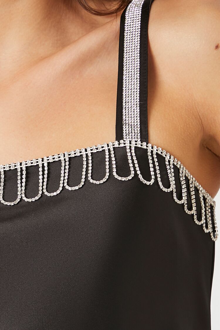 Satin Rhinestone-Trim Cropped Cami