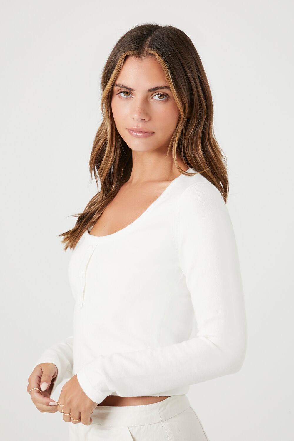 Cropped Sweater-Knit Henley Top