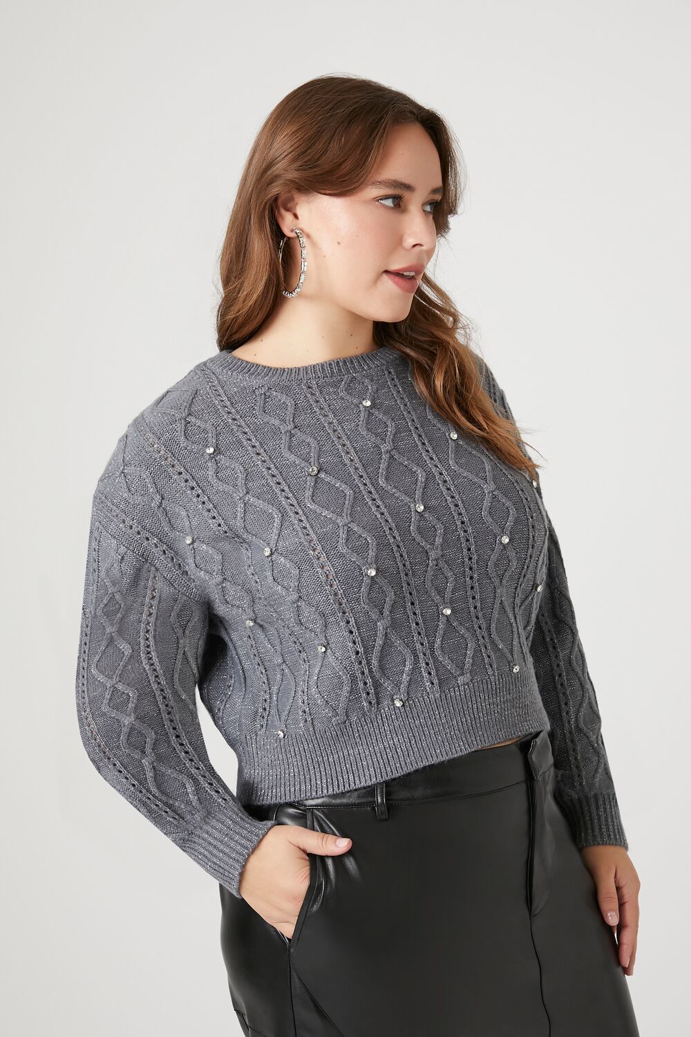 Plus Size Rhinestone Cable Knit Sweater