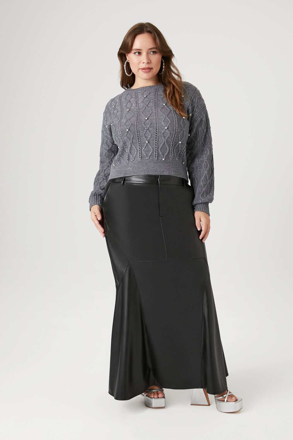 Plus Size Rhinestone Cable Knit Sweater
