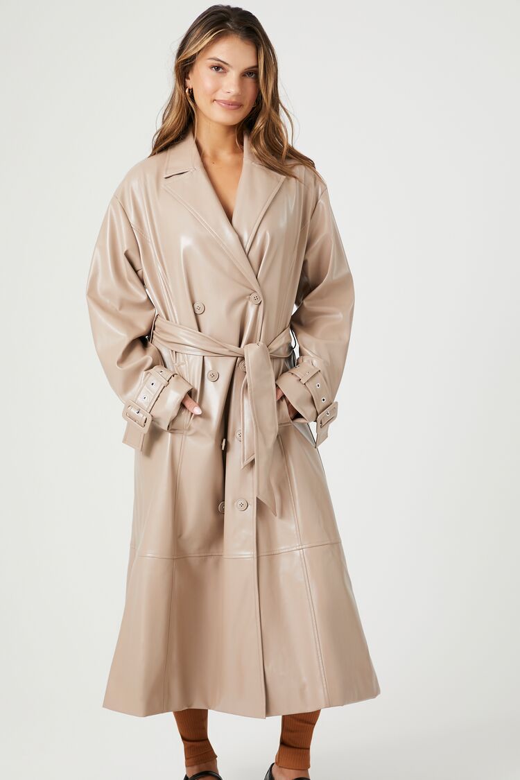 Faux Leather Double-Breasted Trench Coat