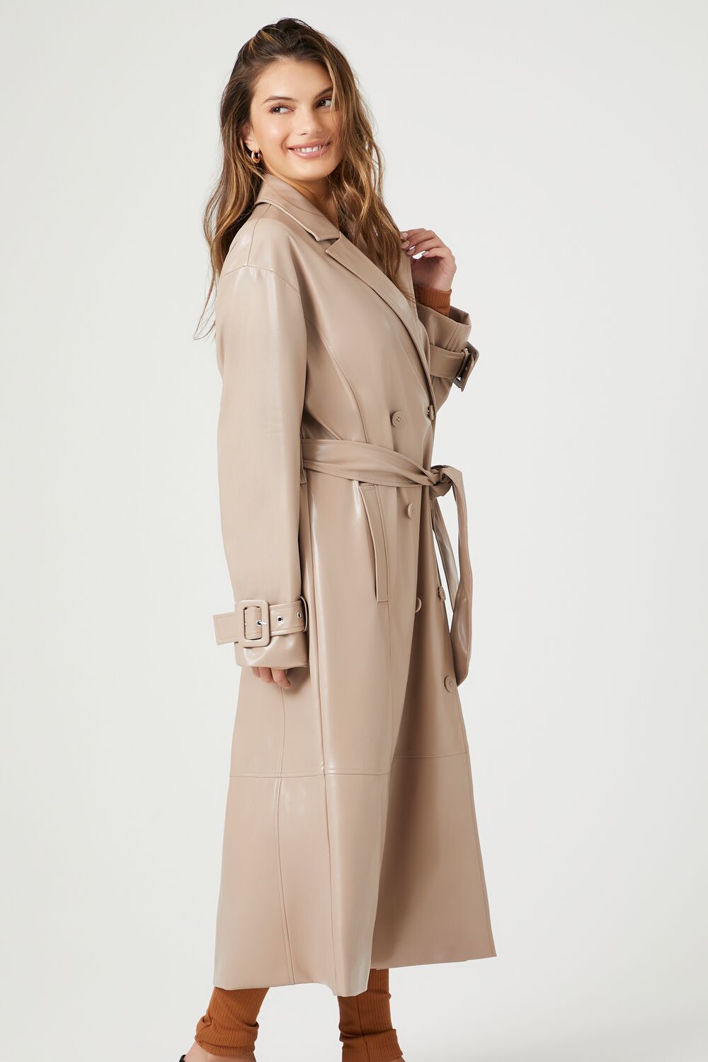 Faux Leather Double-Breasted Trench Coat