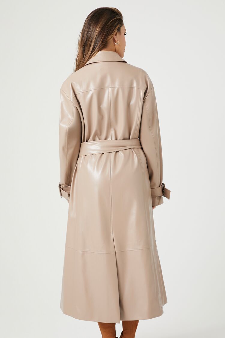 Faux Leather Double-Breasted Trench Coat