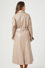 Faux Leather Double-Breasted Trench Coat