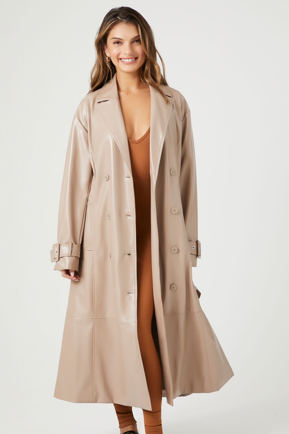 Faux Leather Double-Breasted Trench Coat