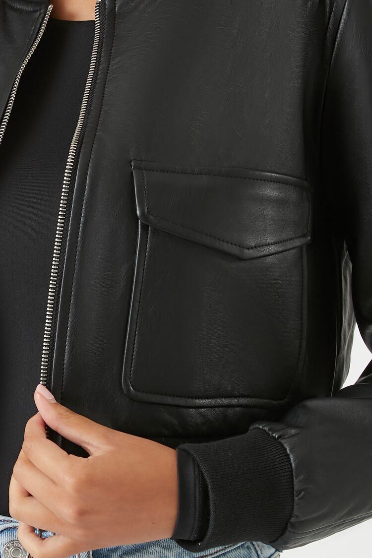 Faux Leather Cropped Bomber Jacket