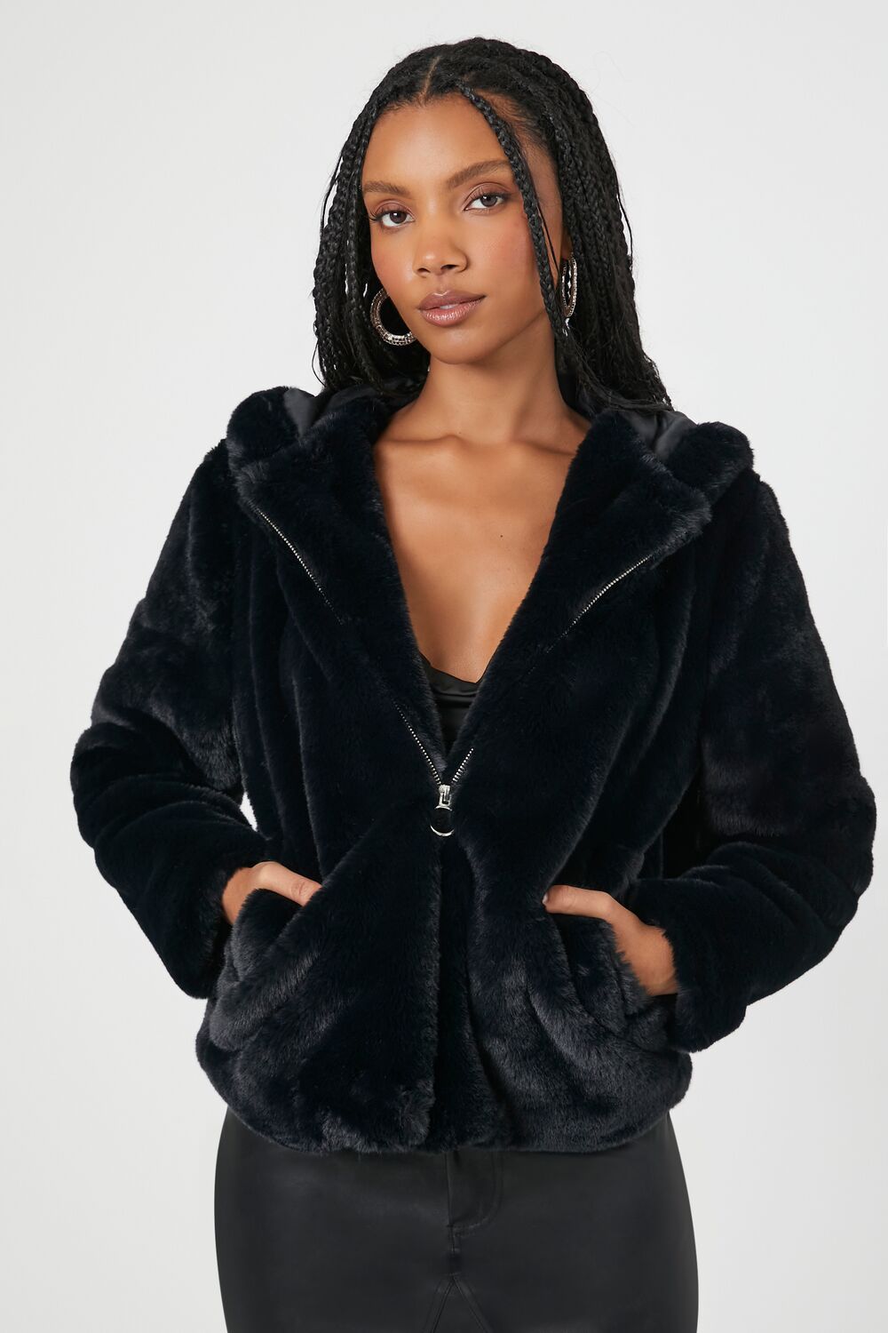 Plush Faux Fur Zip-Up Hoodie