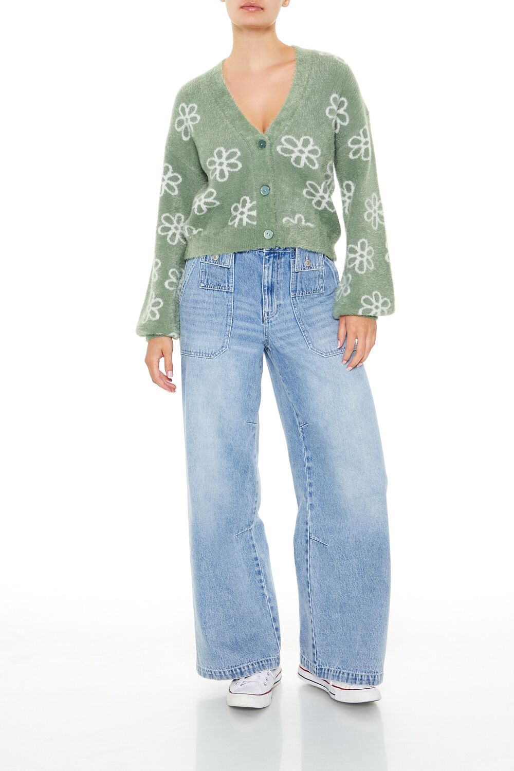 Floral Print Fuzzy Cardigan Sweater