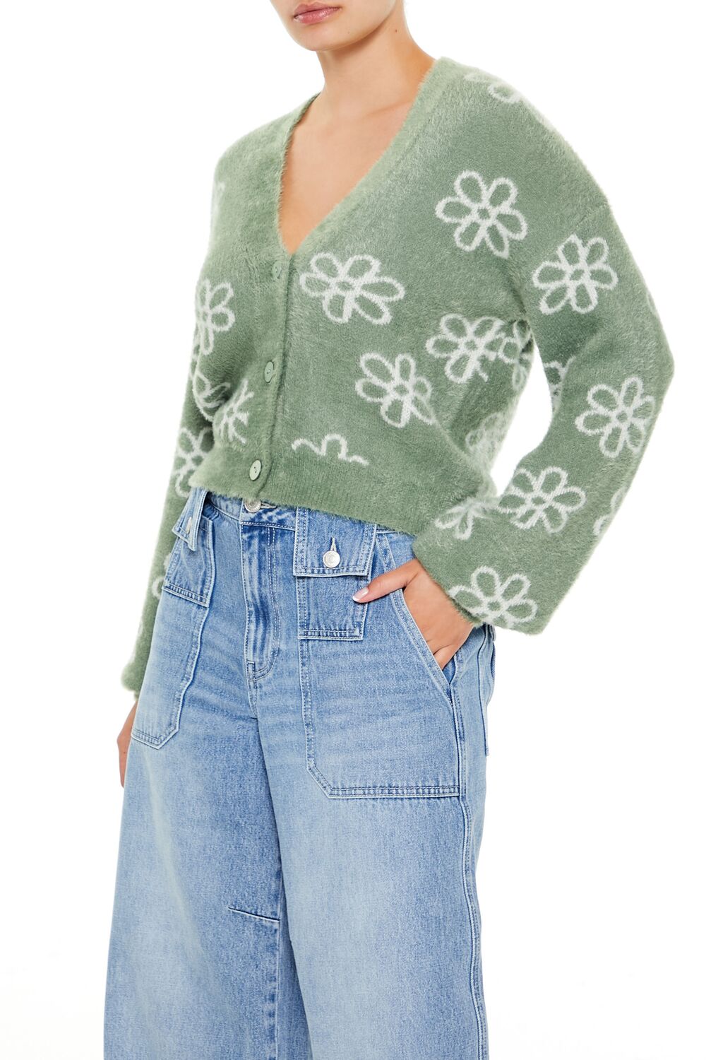 Floral Print Fuzzy Cardigan Sweater