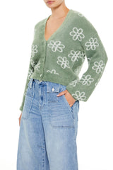 Floral Print Fuzzy Cardigan Sweater