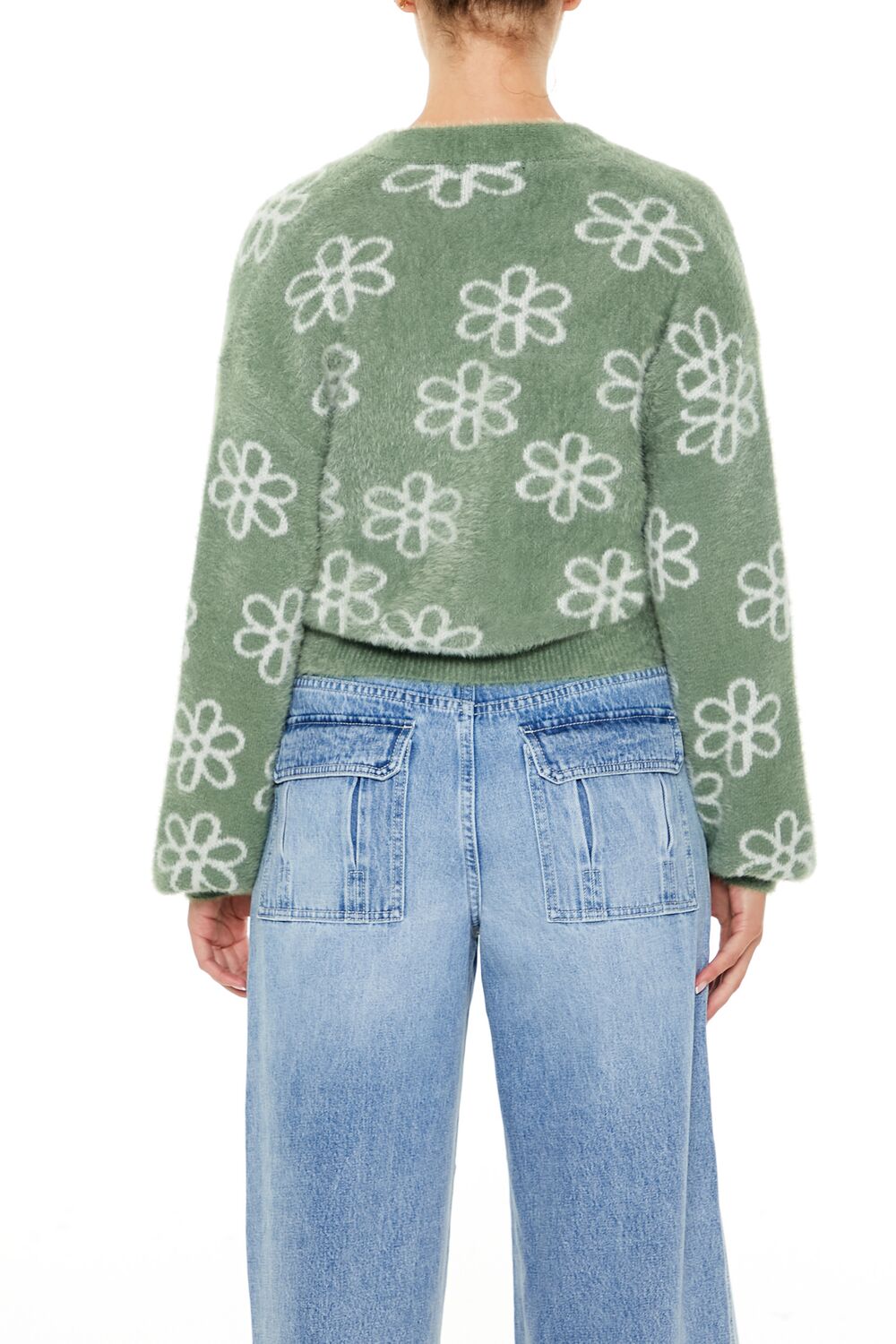 Floral Print Fuzzy Cardigan Sweater