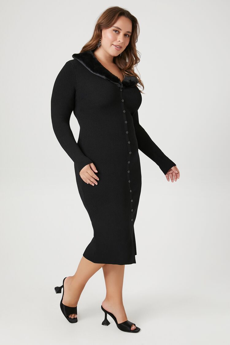 Plus Size Faux Fur-Trim Sweater Midi Dress