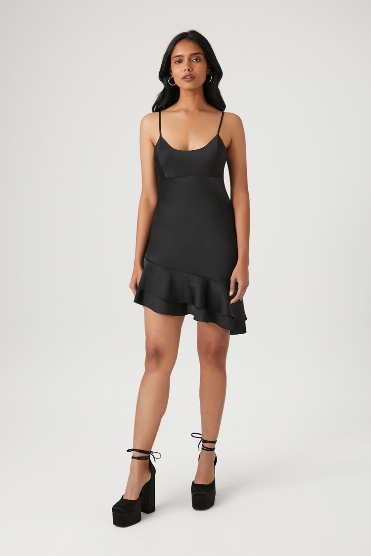 Satin Ruffle-Hem Mini Dress