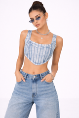 Denim Curved-Hem Crop Top