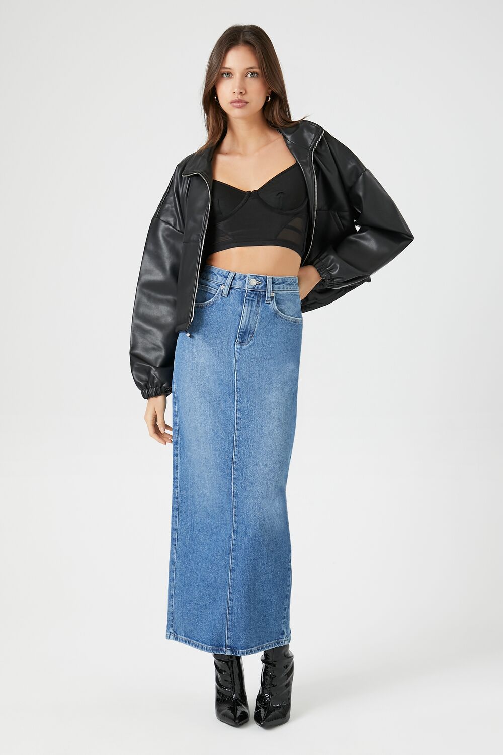 Stone Wash Slit Denim Maxi Skirt