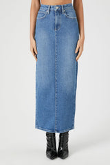 Stone Wash Slit Denim Maxi Skirt