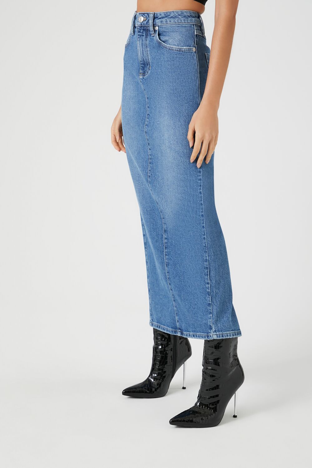 Stone Wash Slit Denim Maxi Skirt
