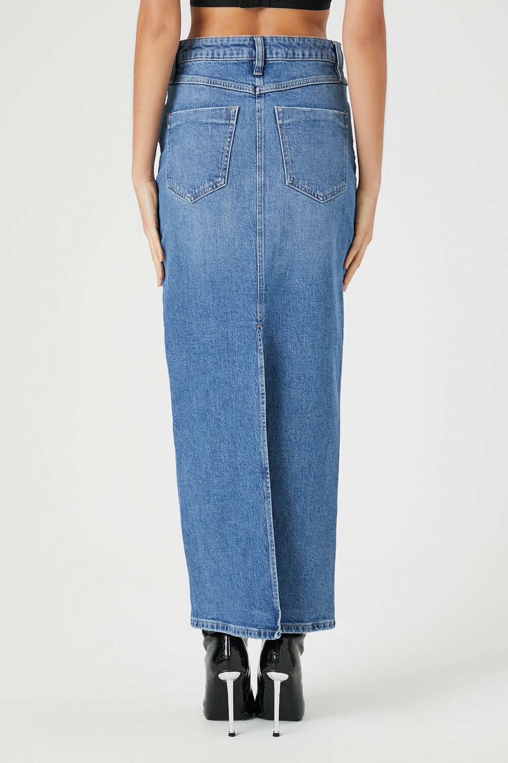 Stone Wash Slit Denim Maxi Skirt