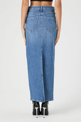 Stone Wash Slit Denim Maxi Skirt