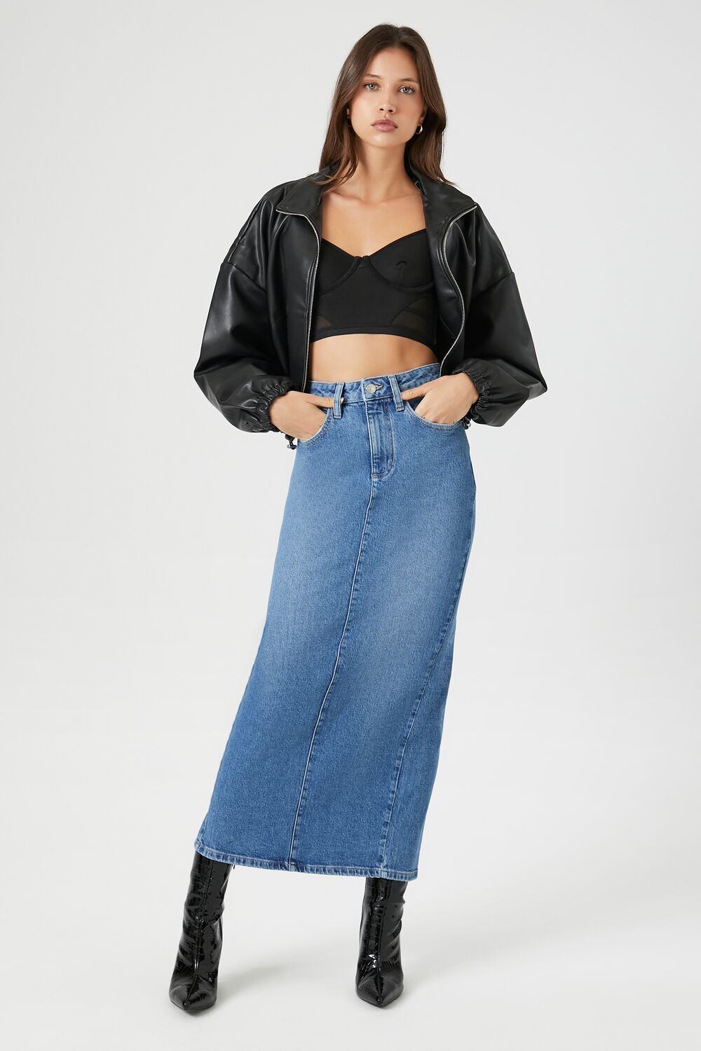 Stone Wash Slit Denim Maxi Skirt