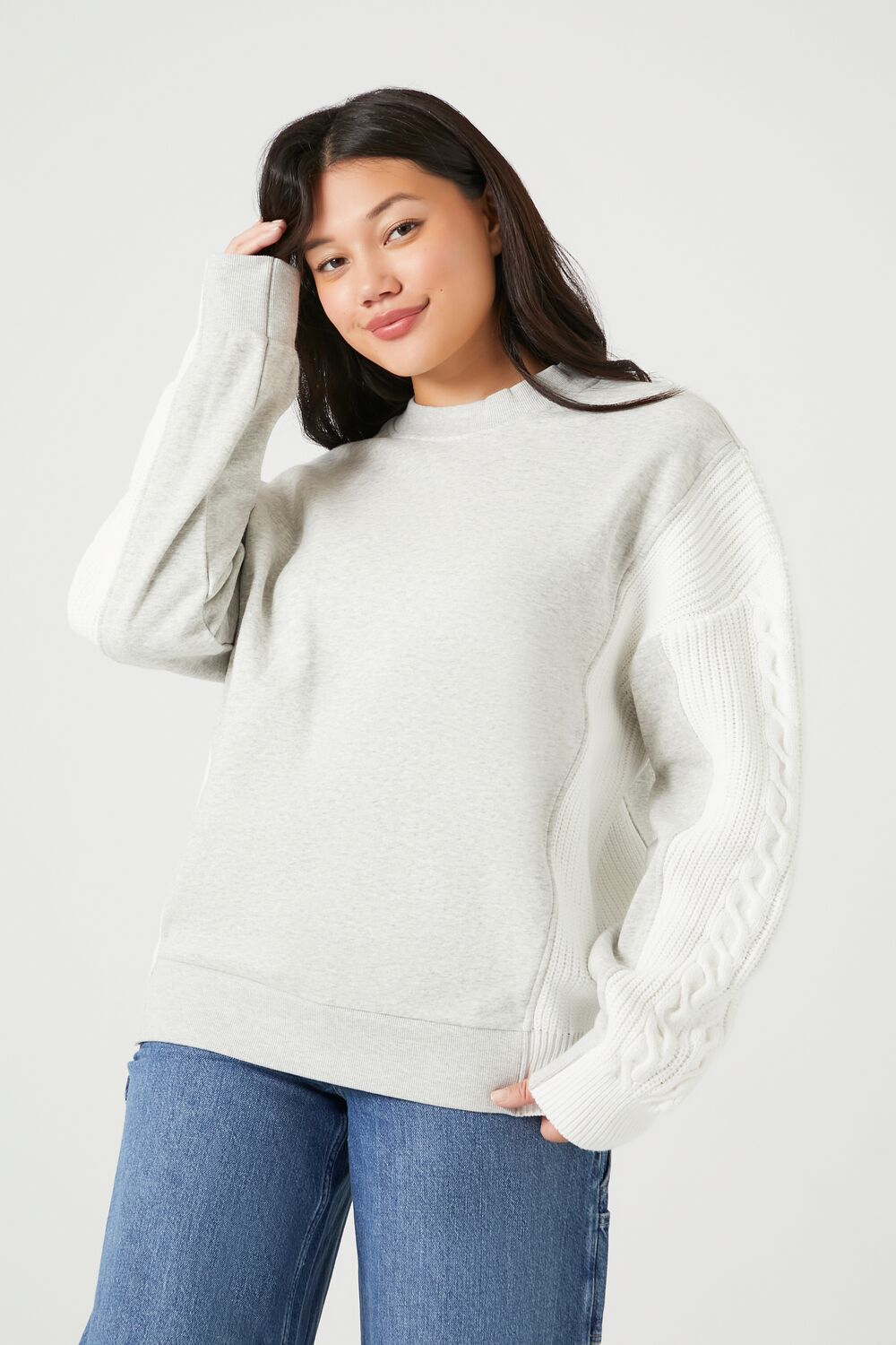 Colorblock Cable Knit-Sleeve Pullover