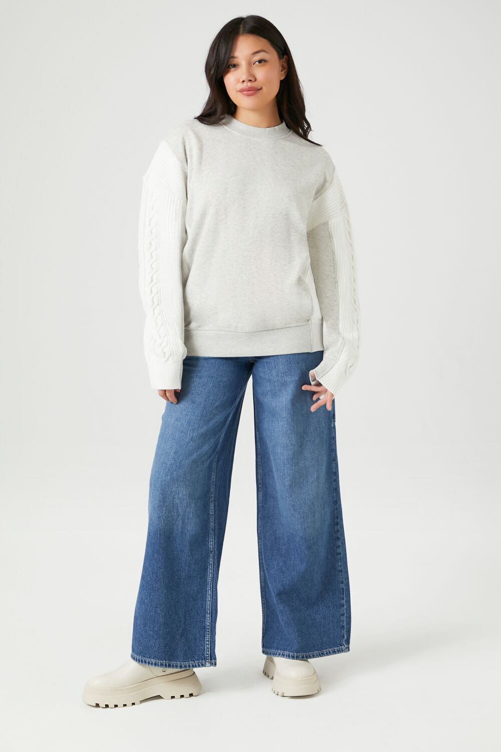 Colorblock Cable Knit-Sleeve Pullover
