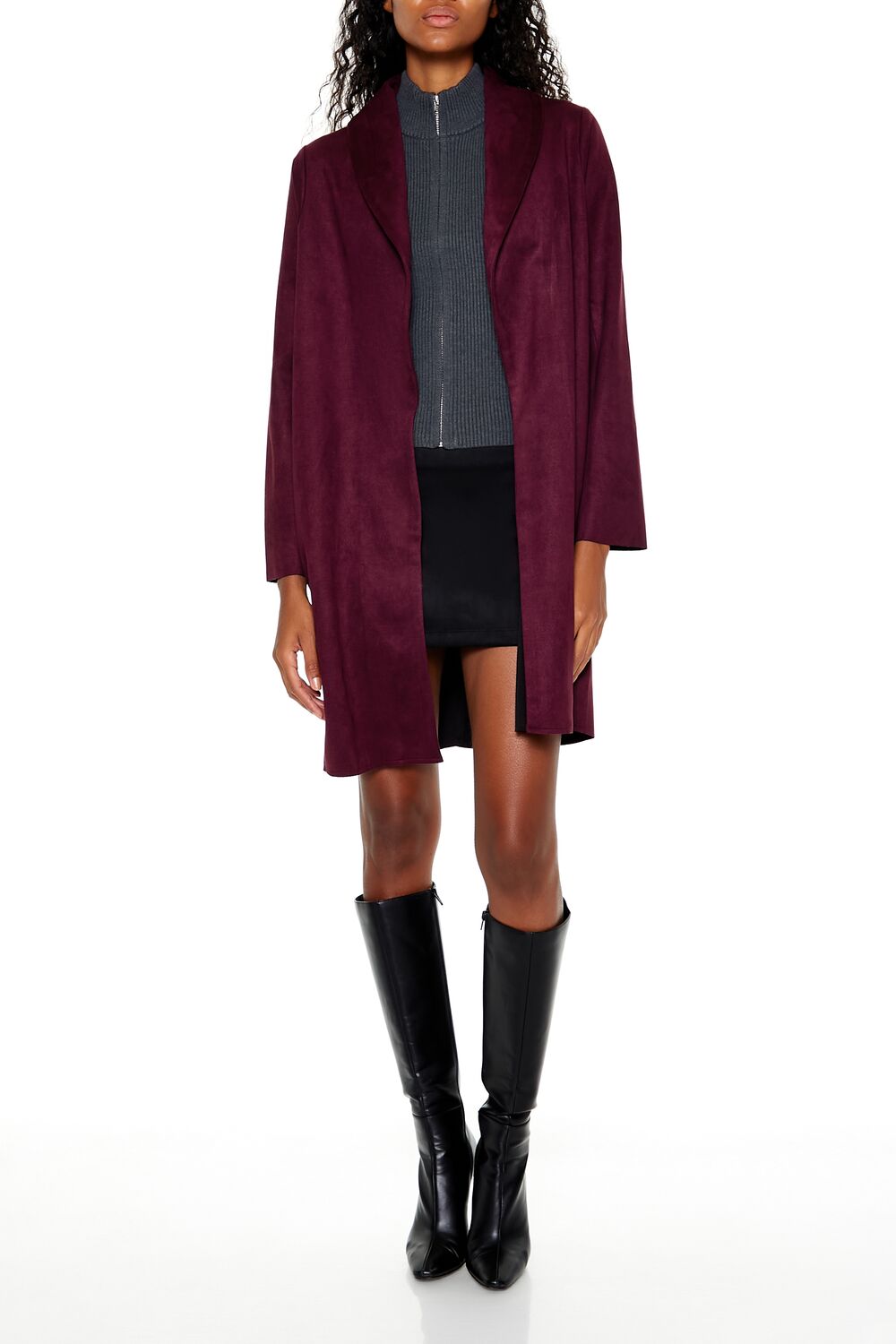 Faux Suede Open-Front Trench Coat