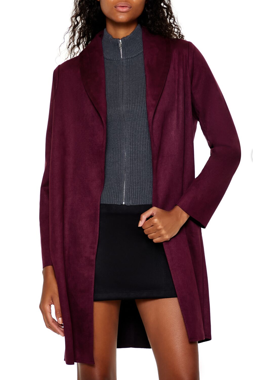 Faux Suede Open-Front Trench Coat