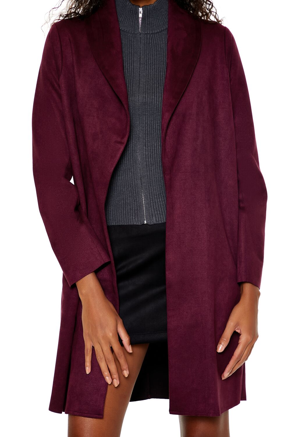 Faux Suede Open-Front Trench Coat