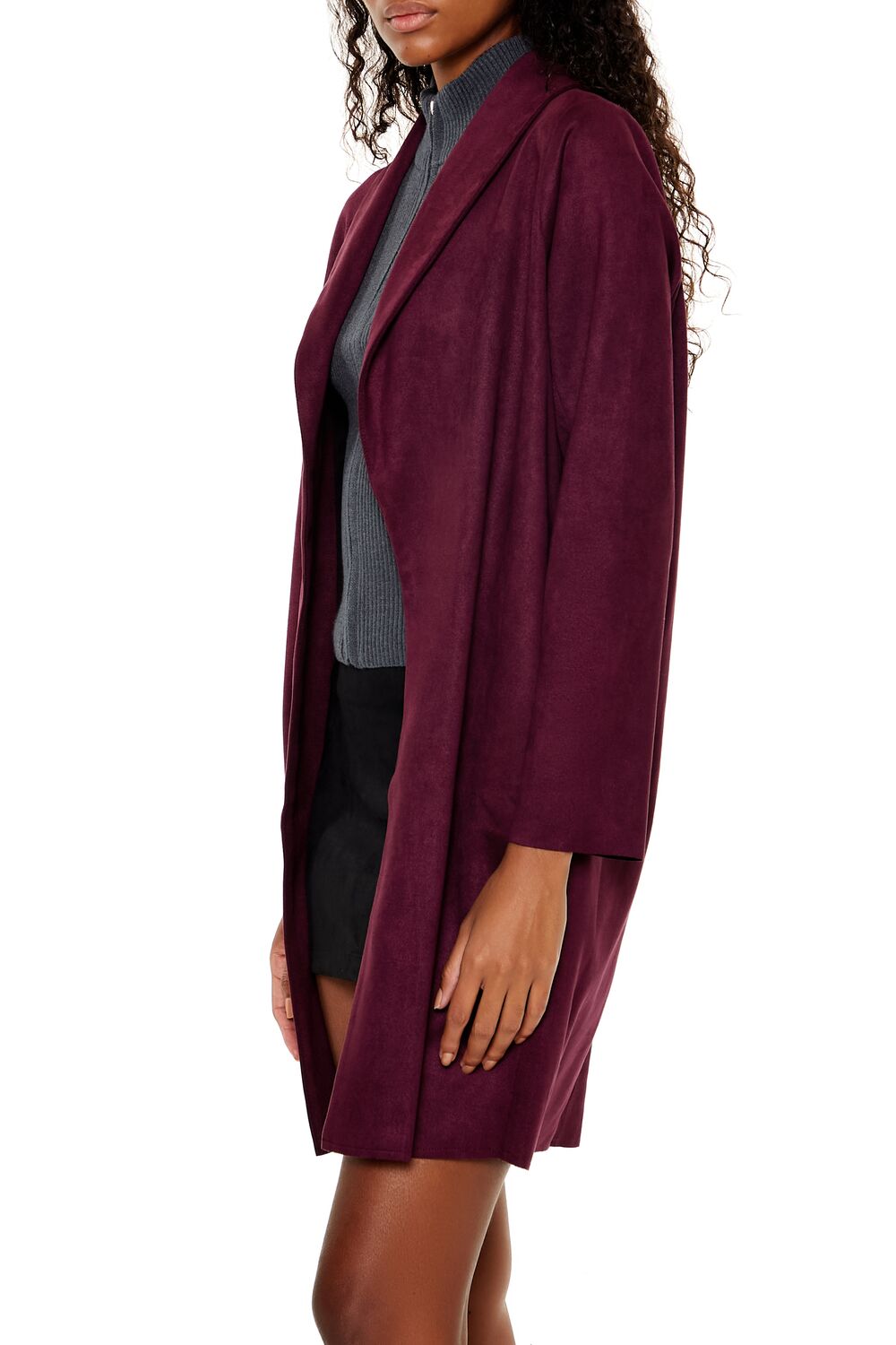 Faux Suede Open-Front Trench Coat