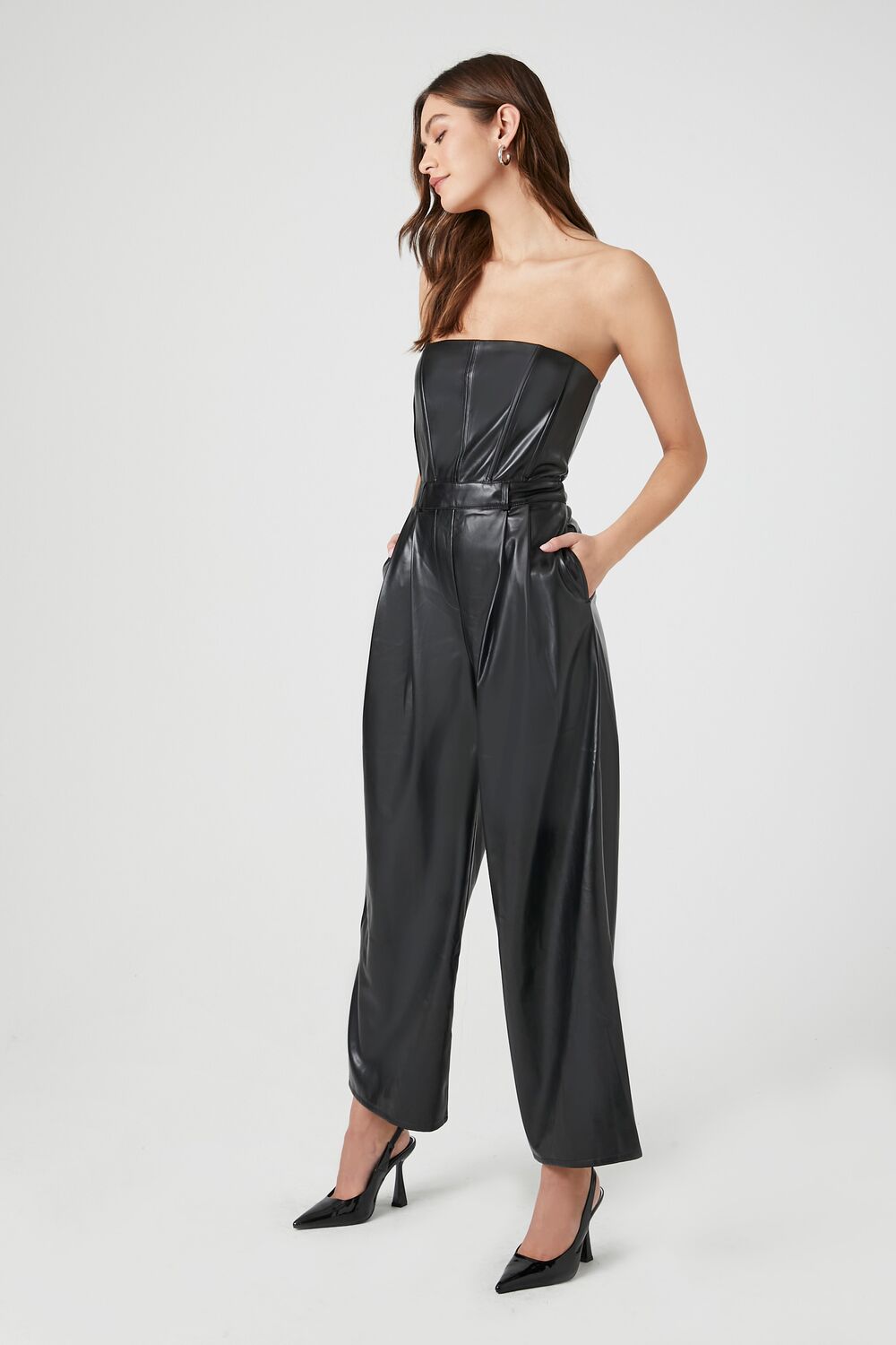 Faux Leather Strapless Jumpsuit
